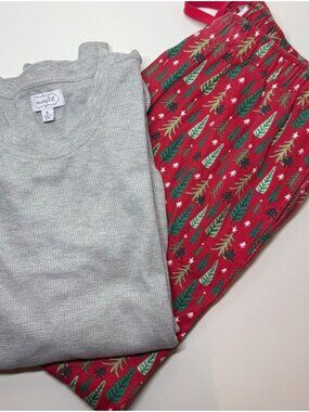Mud Pie Christmas tree pajama Set Mens XL red green pants waffle weave shirt PJs